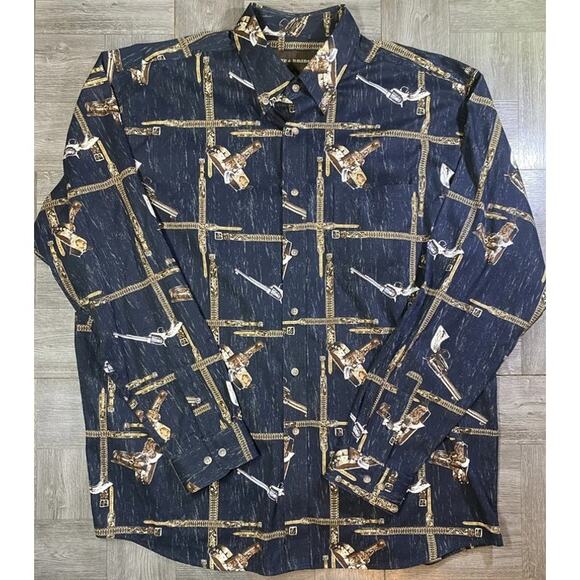 Bit & Bridle Men’s Western Shirt Size L Black Revolver Print Long Sleeve EUC - Picture 1 of 8